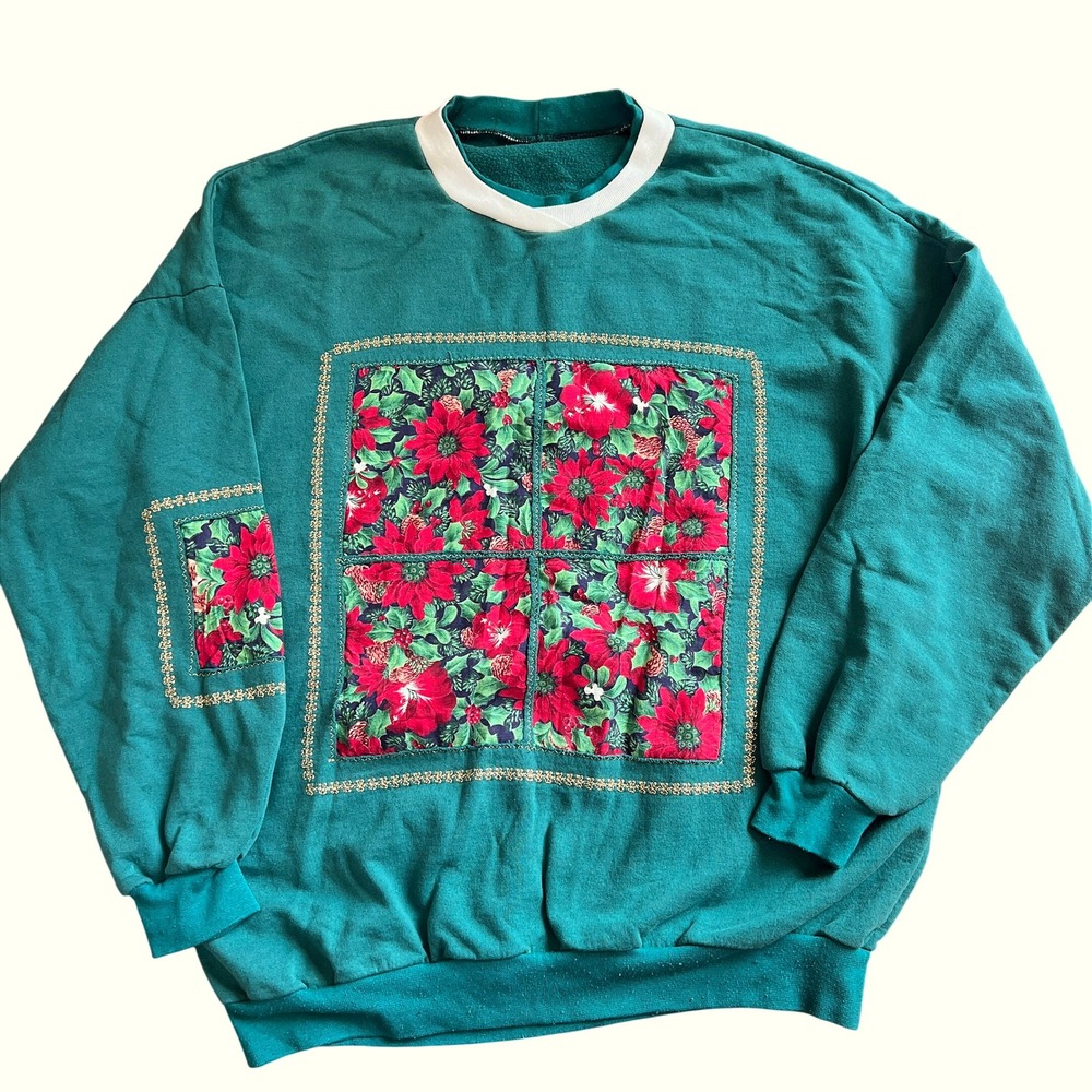 Vtg Women‎ M Green Poinsettia Patchwork Sweatshirt Cozy Christmas Holiday No Tag